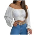 thumbnail image 3 of Woman's Strapless Long Sleevesolid Color Off Shoulder Ruched Lantern Sleeve Crop Tops,Summer Plus Size Loose Fitting Tops For Women Sale, 3 of 6