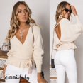 thumbnail image 2 of Mode Femmes Automne Col en V Manches Longues Dos Nu Haut Pull Tricoté, 2 of 2