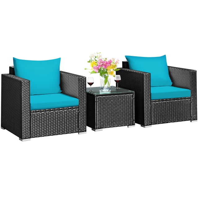 Patiojoy 3PCS Patio Rattan Furniture Conversation Set with two cushioned single sofas and a coffee table featuring a tempered glass top. The black rattan and turquoise cushions create a modern look. Weather-resistant and easy to clean, ideal for patios, gardens, and backyards.