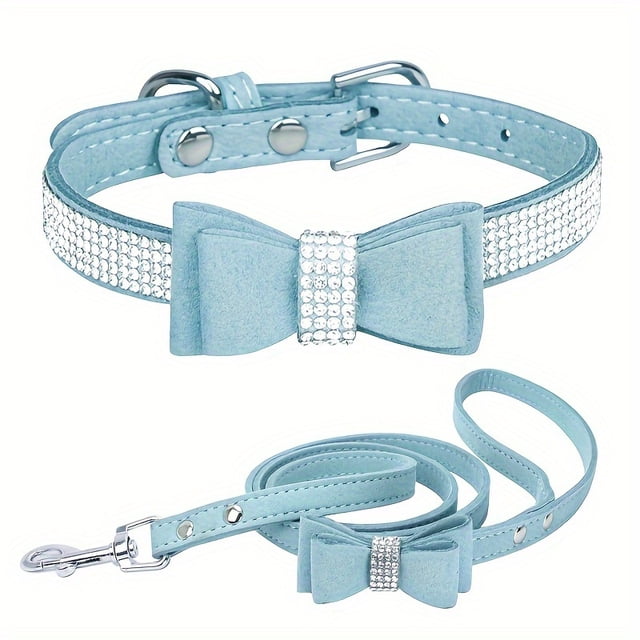 CNKOO 2pcs Sparkling Rhinestone Dog Collar & Leash Set for Small & Medium Dogs Cute Bow Tie Collar with Escape-Proof Rope