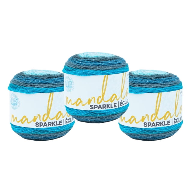 Lion Brand Mandala Fil Scintillant - Verseau, Trois Pelotes de Fil Dégradé Bleu avec Fil Scintillant Métallique, Chaque Pelote Enveloppée dans une Étiquette Blanche avec Texte Or et Noir, Convient au Tricot, au crochet et aux Bricolages Décoratifs.