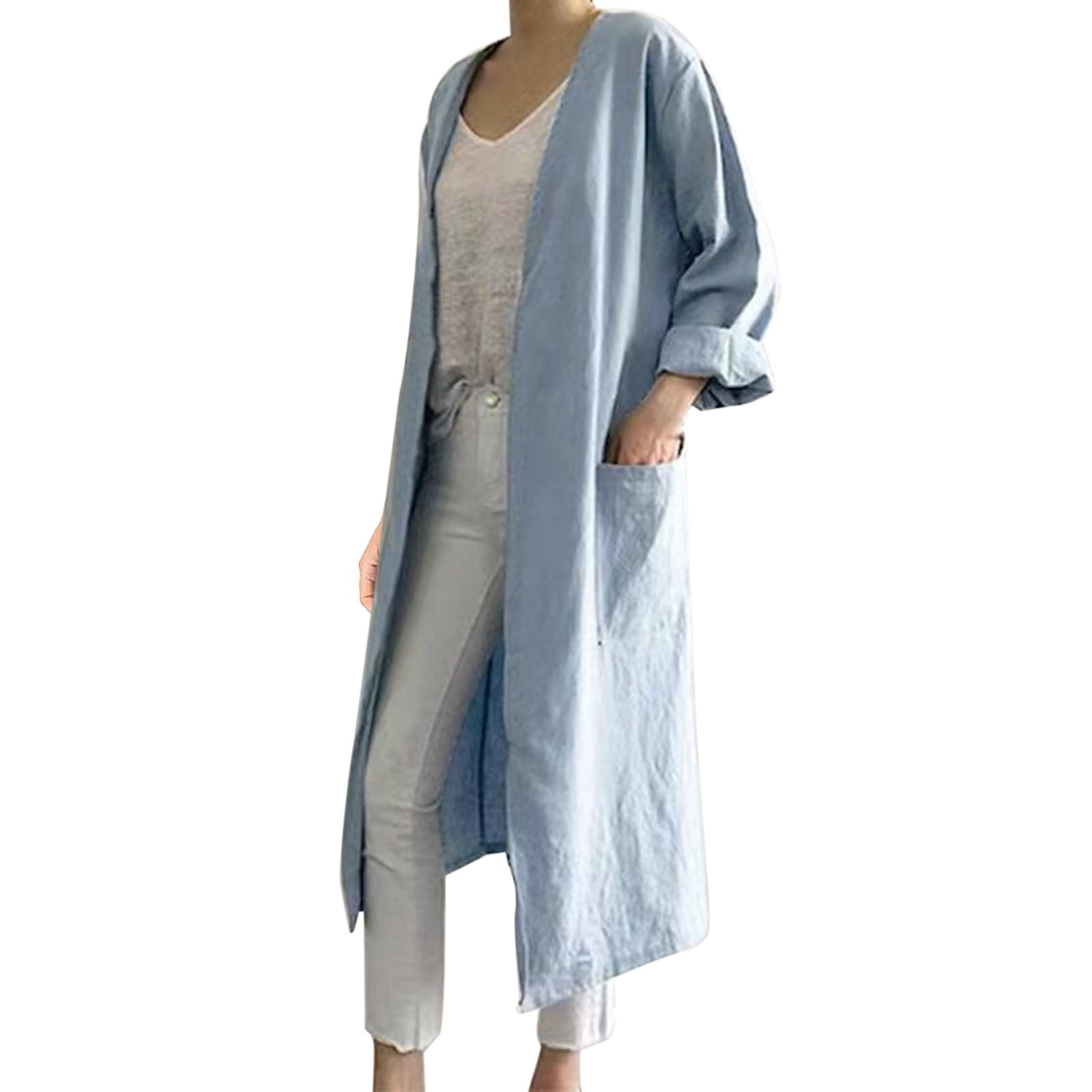 Kcodviy Women's Solid Color with Woman Long Cardigan Sweater Pockets Mid Length Cardigan Kimono Cardigan Casual Jacket