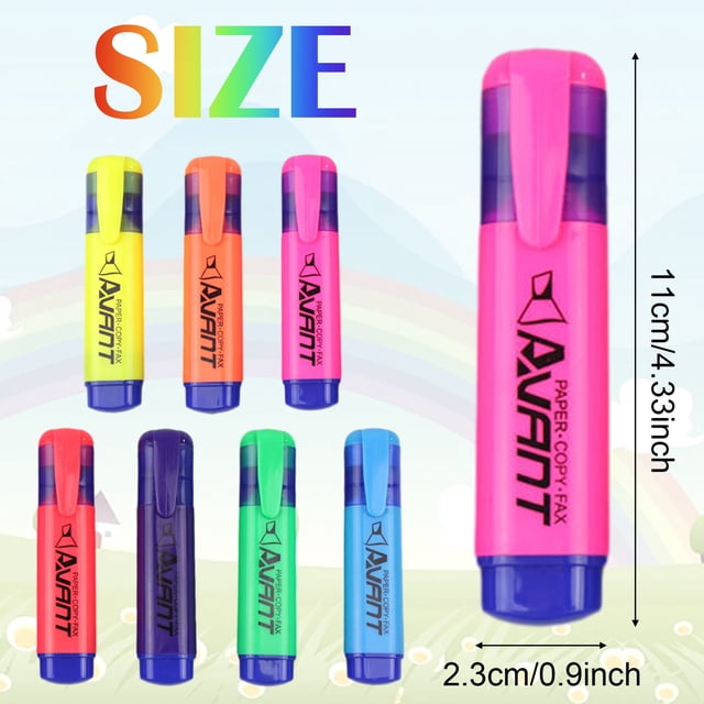 Ensemble de 7 Surligneurs aux Couleurs Fluorescentes : Jaune, Rose, Vert, orange, Bleu, Violet et Rouge. Chaque Surligneur a un design Court et Grand pour une Prise et une Portabilité Faciles, avec un clip de Poche sur le Capuchon pour Plus de Commodité. Deux Embouts Biseautés Permettent des Lignes Fines Ou Larges, Idéal pour Surligner, Souligner et Colorier. Comprend un Grand Réservoir d'Encre à Base d'Eau avec Encre à Séchage Rapide, Anti-Bavures. les Dimensions Sont de 11 cm (4,33 Pouces) de Hauteur et de