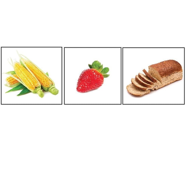Ensemble de 36 Cartes Éclair d'Aliments Français, Montrant Trois Cartes 6x6 Pouces avec des images d'Aliments de Base : Maïs Jaune avec Enveloppes Vertes, une Fraise Rouge avec Feuilles Vertes et un Pain Brun Tranché, Convient aux Exercices Éducatifs et aux Jeux.