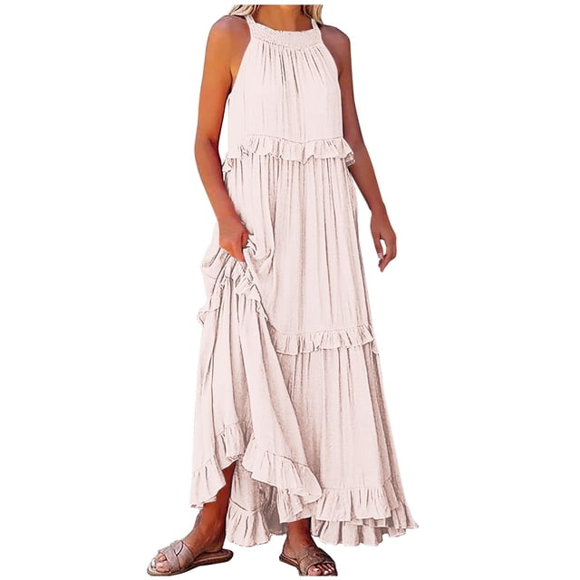 fatyb Robe d'Été 2025 pour Femmes Sans Manches à Volants à Étages Robe Maxi Fluide Décontractée Longue pour la Plage