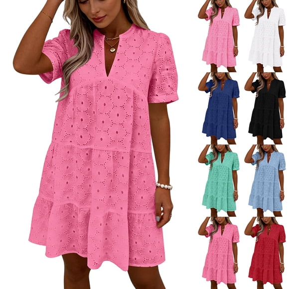IFNWSV Women's Casual Dresses,Lace Hollow Out V Neck Knee Length Short Sleeve Dress Slim Elegant Style for Party Banquet Daily Casual Wear,Summer Dresses for Women Hot Pink XL
