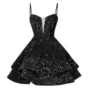 LOVZFMLL Dresses Women's Fashionable Solid Color Sequin Suspender V-neck Dress