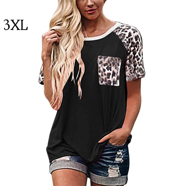 T-Shirt pour Femme à Col Rond avec Poche, Blouse Imprimée, T-Shirt Imprimé pour Fille, Haut à Manches Courtes, Noir, 3TG