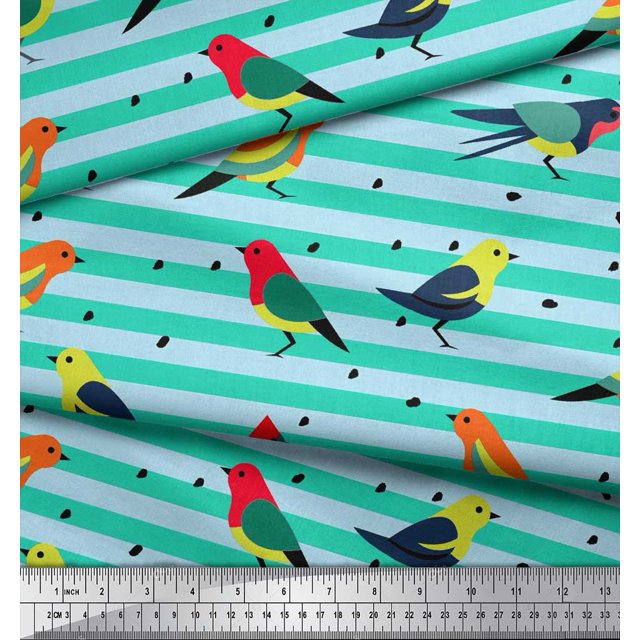 Soimoi Green Rayon Fabric Stripe & Bird Print Sewing Fabric Yard 58 Inch Wide