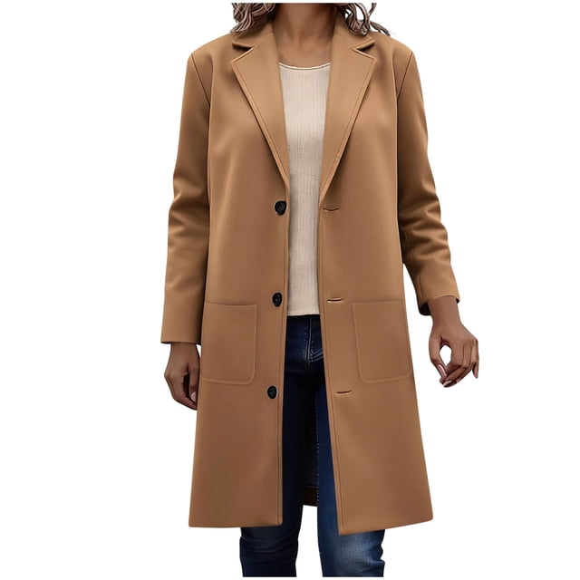 WRKEKC Coats for Women Long Sleeve Solid Color Button Multi Pocket Wool Blend Long Jacket Top for Daily Appeal and Functional Design