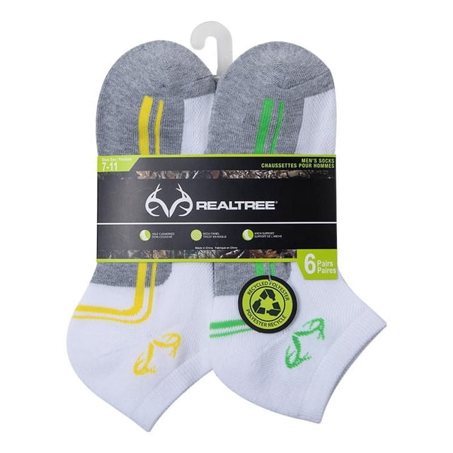 Real Tree Men's Low Cut Socks 6-Pack in white and grey knit with yellow and green accent stripes and logos, cushioned sole, mesh panel, and arch support, sized 7-11, made with recycled polyester, suitable for comfortable everyday and active wear.