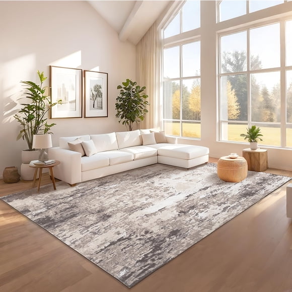 Large Modern Abstract Area Rug – Washable, Non-Slip, Low Pile, Non-Shedding, Soft Carpet for Living Room, Bedroom, Dining, Nursery, Office – Brown, 10x13ft (305x396cm), USA Stock