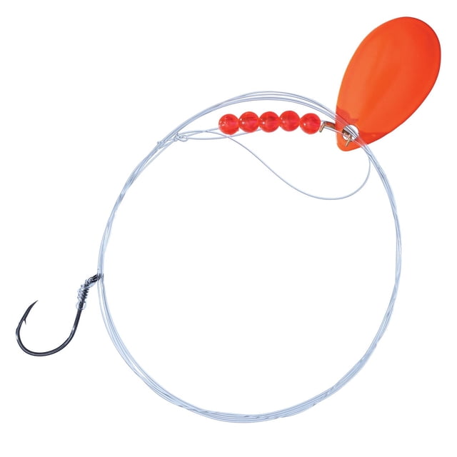 Eagle Claw QLWRFO1-4 Laser Walleye Rig with single size 4 hook, fluorescent orange spinner blade, clear wire leader, and five red beads, ideal for attracting walleye in freshwater fishing and often used as a versatile rig for various bait presentations.