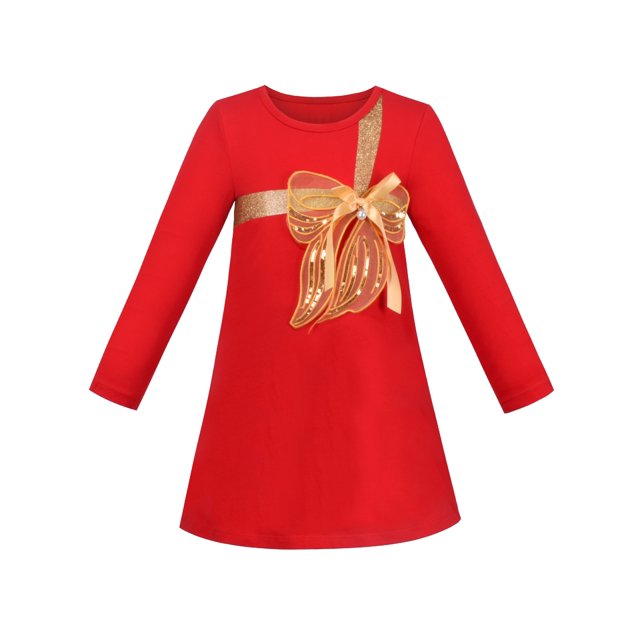 Robe Fille Rouge de Noël Papillon Doré Nœud Papillon Manches Longues Coton 4 Ans
