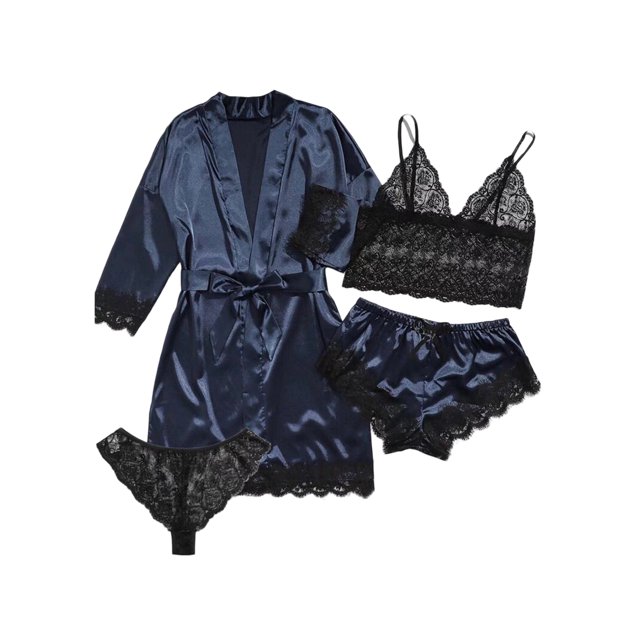 Faithtur Femmes 4 Pièce Pyjama Set V Cou Cami Tops Dentelle Garniture Shorts Robe Ceinturée Dentelle String Vêtements de Nuit Ensembles
