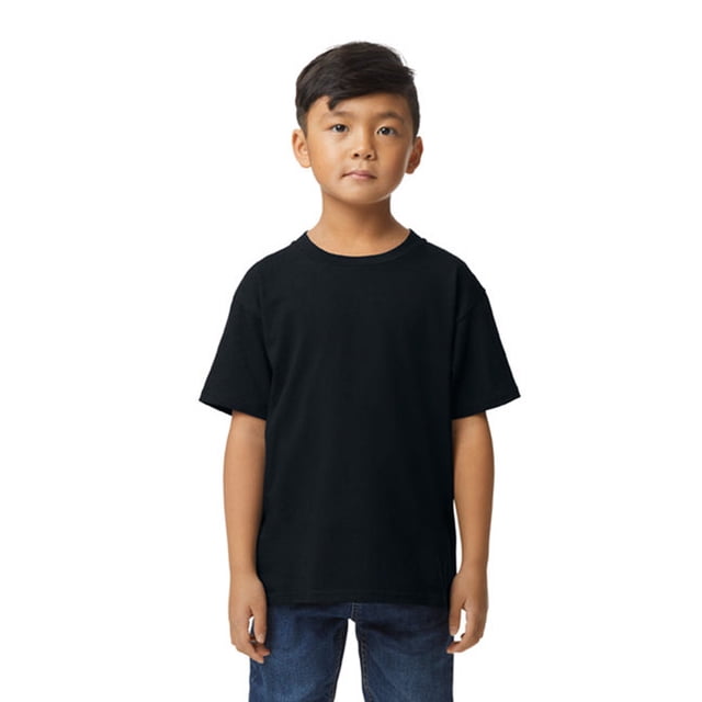 Gildan G650B Youth Softstyle Midweight T-Shirt in pitch black, size L, shown in a front-facing view. Made from 100% ring spun cotton with a modern classic fit and tubular body. Features a non-topstitched rib collar, taped neck and shoulders, and a black tear-away label. High stitch density fabric provides a smooth surface ideal for direct-to-garment printing. Suitable for gender-neutral clothing needs.