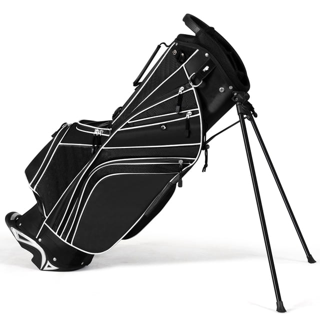 Gymax Golf Stand Bag 6 Way Divider Golf Carry Bag w/ Straps & 7 Storage Pockets in black. The bag features a lightweight design with a durable polyester fabric construction, aluminum foot pipe support, and a backpack-style shoulder strap for comfort. It includes 7 zippered pockets for ample storage, a 6-way divider for organizing golf clubs, and an umbrella holder. The automatic stand with anti-slip foot ensures stability, while the compact size makes it ideal for travel or storage.