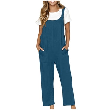 Yuyuzo Plus Size Cotton Linen Jumpsuits for Women Sleeveless Square Neck Long Rompers Wide Leg Pants Baggy Overalls