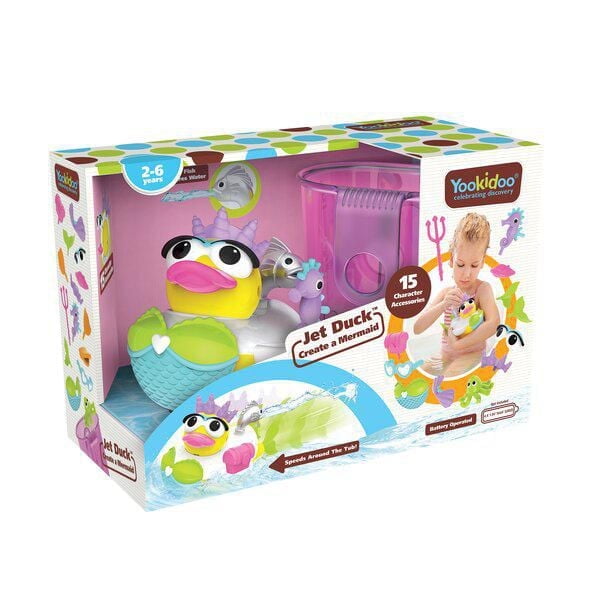 Yookidoo Jet Duck: Create a Mermaid battery-operated bath toy featuring a yellow duck with a blue mermaid tail, large eyes, and pink lips, including 15 mermaid-themed accessories such as fish and sea creatures, designed for children aged 2-6 years to swim and squirt water for interactive bath time fun.
