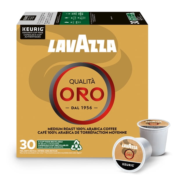 Lavazza Qualità Oro Medium Roast K-Cup Coffee Pods box with 30 recyclable pods made from 100% Arabica beans, shown with two pods in front, featuring a gold and brown design and the Lavazza logo, compatible with all Keurig coffee makers and suitable for smooth, aromatic coffee with fruity notes.