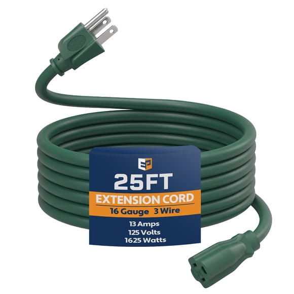 EP 25 Ft Outdoor Extension Cord - 16/3 SJTW Green Electrical Cable with 3 Prong Grounded Plug
