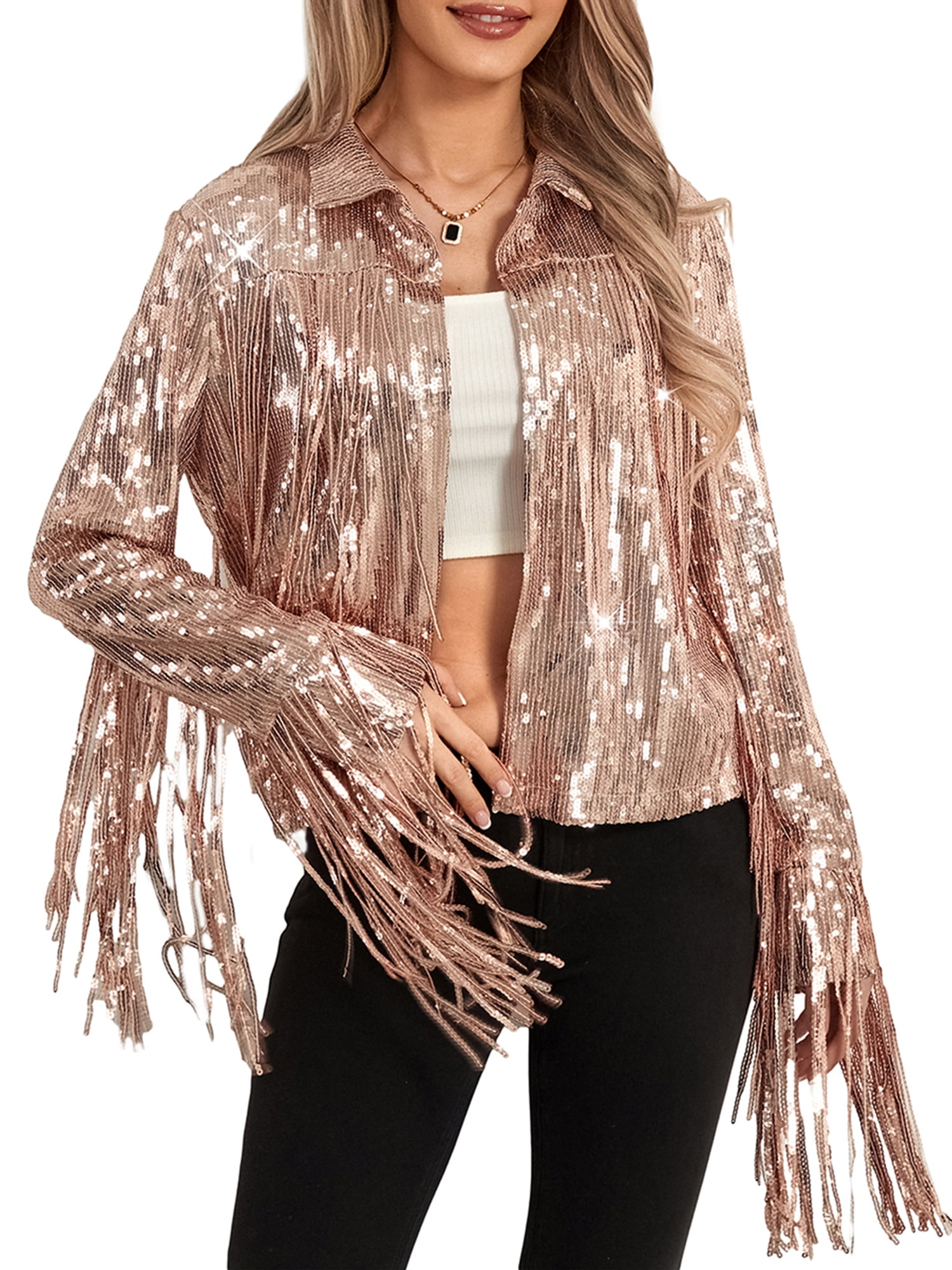 Gupgi Women Sparkly Sequins Jacket Shiny Glitter Open Front Tassel Fringe Coat Disco Jacket