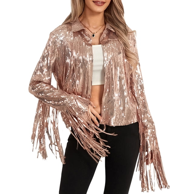 Gupgi Veste à Paillettes Scintillantes pour Femmes, Veste Brillante à Paillettes, Ouverte à l'Avant, Manteau à Franges à Pampilles, Veste Disco