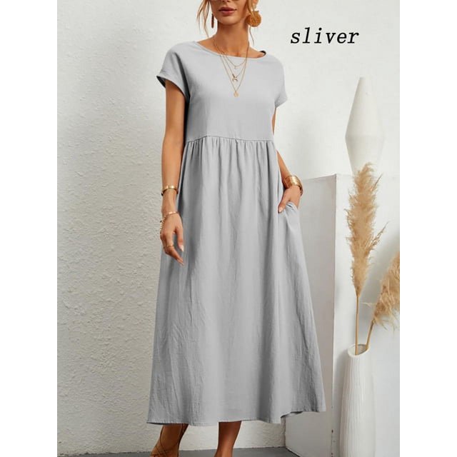 2024 Nouvelle Robe Femme Rétro Couleur Unie Sans Manches Jupe Longue Ample avec Poches