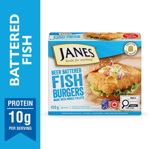 Janes® Beer Battered Fish Burgers, 450g, Frozen Breaded Fish Fillets, Contains Pollock, Janes Beer Battered Fish Burgers