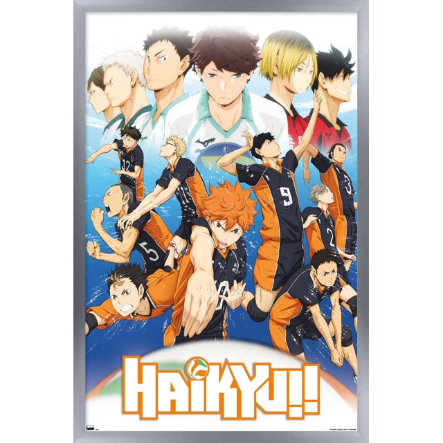 Haikyu!! - Key Art 2 Wall Poster, 22.375" x 34" framed, depicting anime volleyball players in black and orange uniforms in dynamic action poses with a blue background and faded larger character portraits above, featuring the Haikyu!! logo at the bottom, suitable for bedroom or office wall décor.