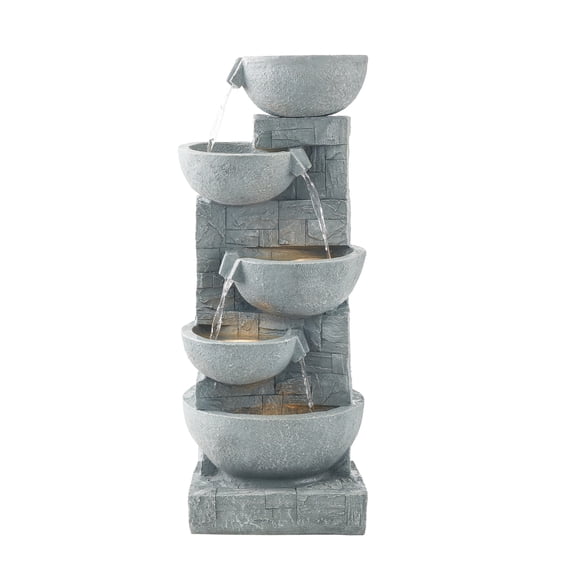 KFFKFF Outdoor Water Fountain, 31.5 in Height Fountain and Waterfall, 5-Tier Floor Standing Bowl-Shaped Cascading Fountains with LED Light and Pump, for Outdoor Indoor Garden, Home