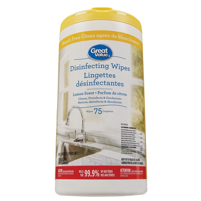 Great Value Disinfecting Wipes Lemon Scent, 75ct container with yellow lid, bleach free wipes that clean, disinfect, and deodorize hard, non-porous household surfaces including sinks, countertops, and faucets, killing 99.9% of bacteria such as Staphylococcus aureus and E. coli for a safe, germ-free home.