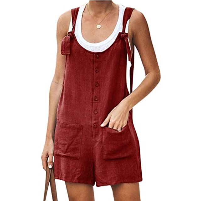 Innerwin Romper Suspender Ladies Jeans Pants Holiday Adjustable Strap Casual Jumpsuits Wine Red XL