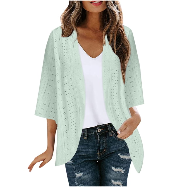 yoeyez Light Cardigans for Women Summer Womens Plus Size Solid Color Kimono Cardigan Puff Sleeve Tops Oversize Loose Cover Ups Cardigans Green,L