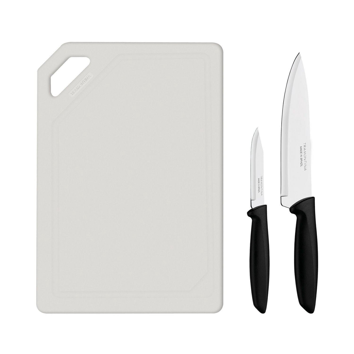 Tramontina Plenus Cutlery 18/0 Stainless Steel 3 Pc Knife and Cutting Board Set with Black Polypropylene Handles