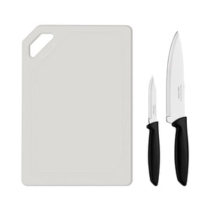 Tramontina Plenus Cutlery 18/0 Stainless Steel 3 Pc Knife and Cutting Board Set with Black Polypropylene Handles