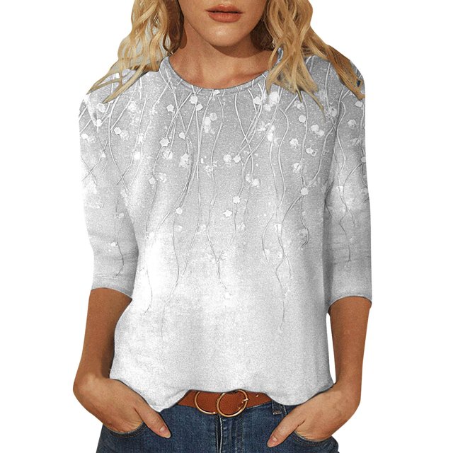 Hauts d'Été pour Femmes Imprimé Décontracté à Sequins Col Rond Manches Trois-Quarts T-Shirts Surdimensionnés pour Femmes Gris TTG