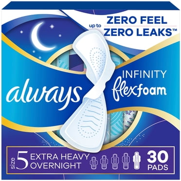 Always Infinity FlexFoam Pads for Women, Size 5, Extra Heavy Overnight Pad with Wings, Unscented, 30 Count