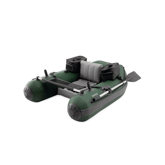 Intex Grand Tube de Pêche Pro Gonflable en Vert Foncé avec Siège et Dossier Gonflables Gris, Deux Sacs de Rangement Noirs Détachables, Deux Supports de Canne à Pêche, un skeg Amovible et une Palette Grise Attachée sur le Côté Droit, Convient à la Pêche à la Mouche et aux Loisirs Nautiques.