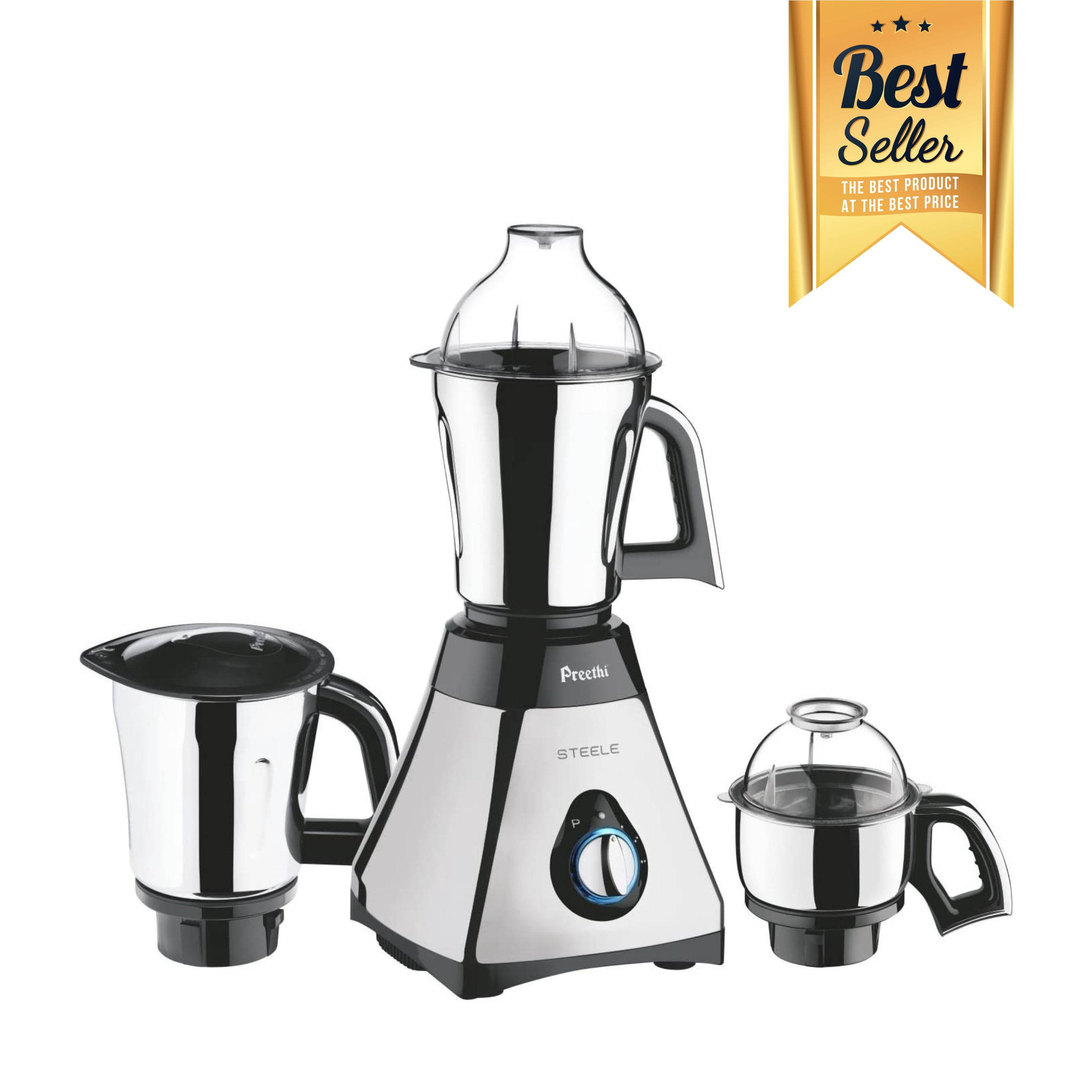 Preethi Steele Supreme 550W Blender Mixer Grinder, 110V, Stainless Steel Blades, 3 Jars for Grinding and Blending