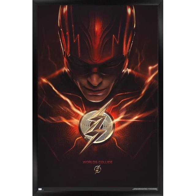 DC Comics Movie The Flash - The Flash One Sheet Wall Poster, 22.375" x 34", featuring a centered view of The Flash's chest with a metallic lightning bolt emblem glowing with red and orange electric energy on a dark background, framed in black with the text 'Worlds Collide' below the emblem, ideal for decorating bedrooms, offices, or dorm rooms.