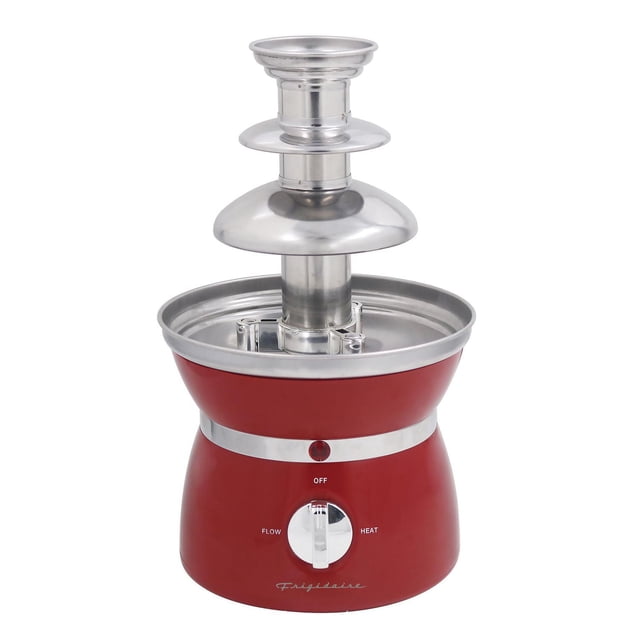 Frigidaire red retro chocolate fountain with stainless steel cascading tiers and adjustable flow and heat controls.