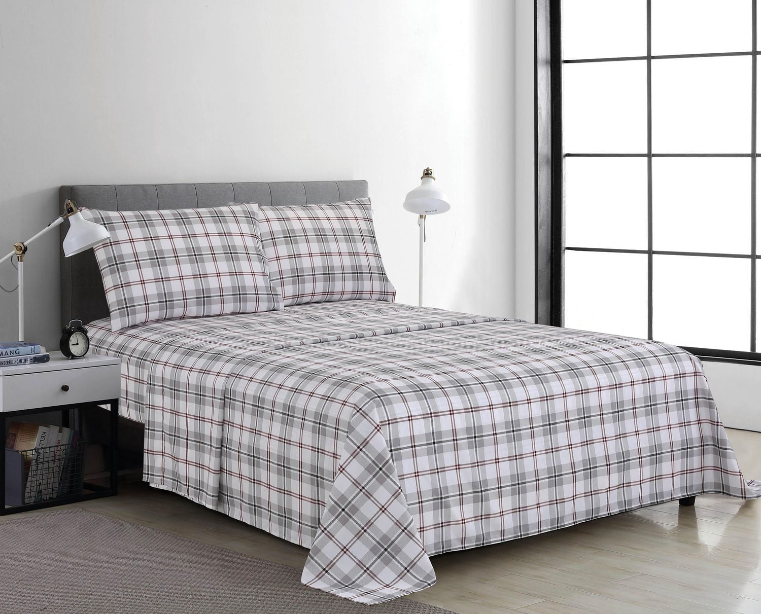 Ensemble de draps imprimés 4 pièces Swift Home, carreaux gris, format double