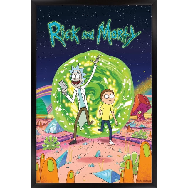 Rick And Morty - Affiche Murale de Couverture, 22,375 Pouces x 34 Pouces, Représentant des Personnages Animés Rick And Morty Debout devant un Portail Tourbillonnant Vert Lumineux sur un Paysage Extraterrestre Coloré avec des Cristaux et des Plantes Étranges sous un Ciel Nocturne Étoilé, Cadre Noir, Convient à la Décoration Murale de Chambre Ou de Bureau.