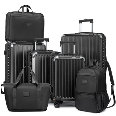 Ensemble de Bagages 7 Pcs avec Trousse de Toilette 7-en-1, Sac à Dos et Sac de Sport – Ensemble de Valises Rigides à Roulettes Pivotantes avec Cadenas TSA
