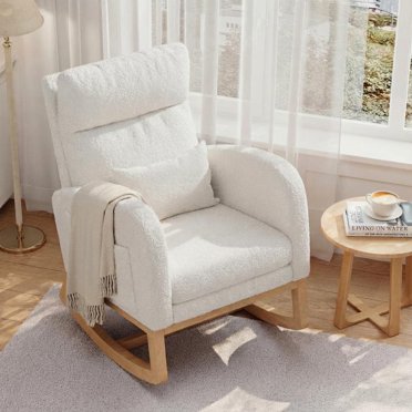 Modern Nursery Rocking Chair, Boucle Upholstered Rocking Chair, Comfortable Rocker Recliner with Side Pocket, Rocker Glider for Living Room, Bedroom, Nursing Room, Beige