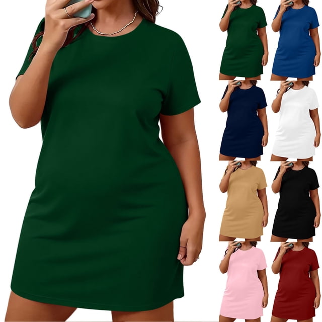 NSLGXD Robe Décontractée Grande Taille pour Femmes à Manches Courtes, Col Rond, Robe T-Shirt de Nuit, Robes, Couleur Unie, Tenue de Détente, Robe Mini pour Dames, Robe Blanche, Taille g-5TG