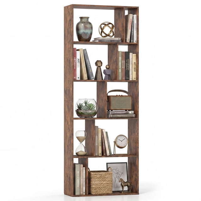 Costway 1 PCS 5-Tier Bookshelf with Open Back, Display Storage Shelf with Anti-Tipping Kits for Home Industrial Brown