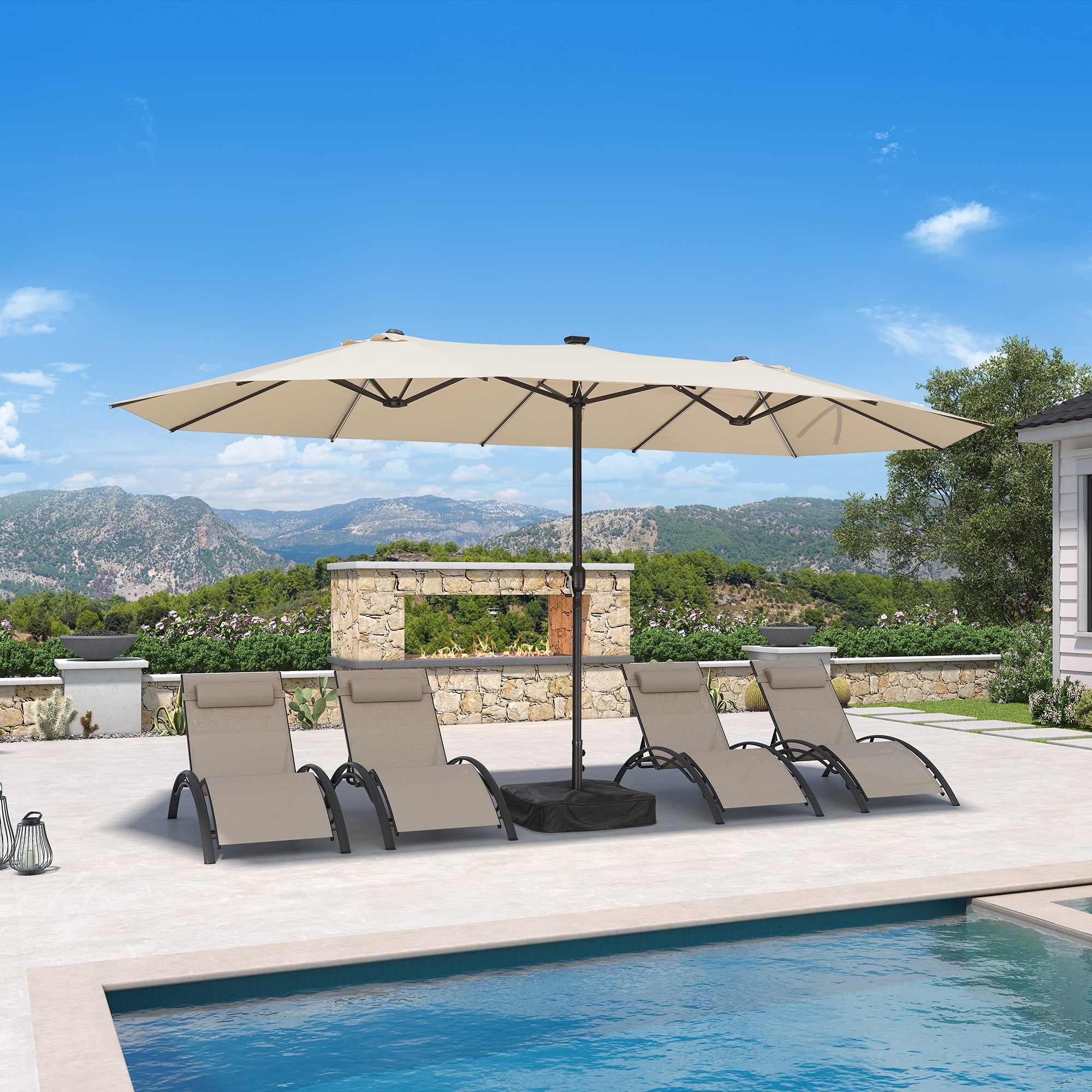 PURPLE LEAF 15ft Patio Market Umbrella with Solar LED and Base Double-Sided Rectangle Outdoor Table Sun Umbrellas for Pool Beach Deck Backyard Beige