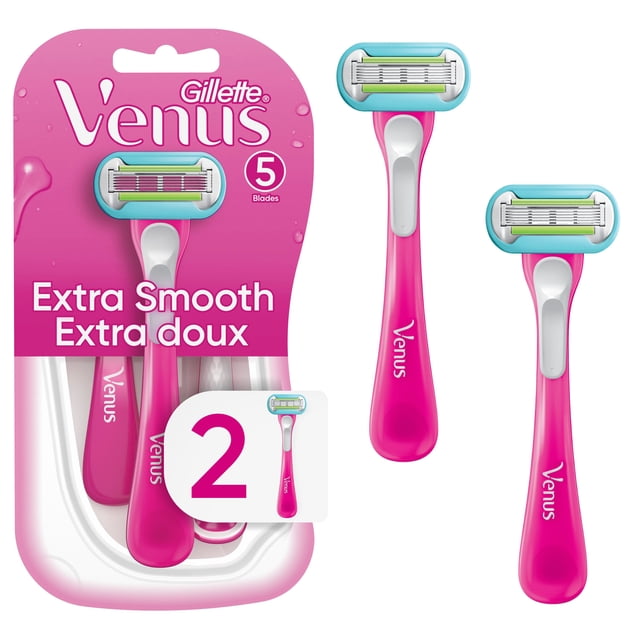 Venus Extra Smooth Green Disposable Women's Razors with two pink disposable razors featuring ergonomic soft-grip handles, pivoting heads, five diamond-like coated blades, and a water-activated moisture strip for a close, smooth shave that contours to women's curves.